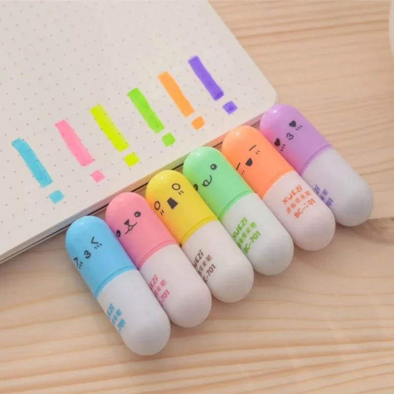 

6 pcs/set Mini Pill shaped highlighter pens for writing Cute face Graffiti marker pen Korean stationery school office supplies