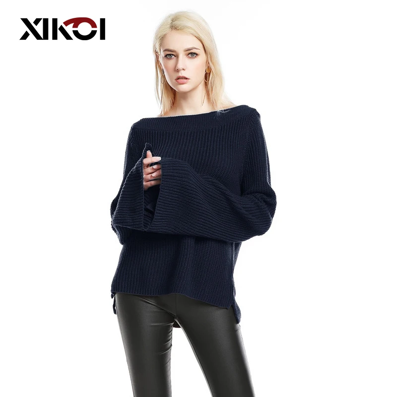 XIKOI Large Size Women's Clothing Soft Sweaters Shirt Plus Long Flare Sleeve Solid Knitted Sweater Ladies Sexy Pullovers Jumpers | Женская
