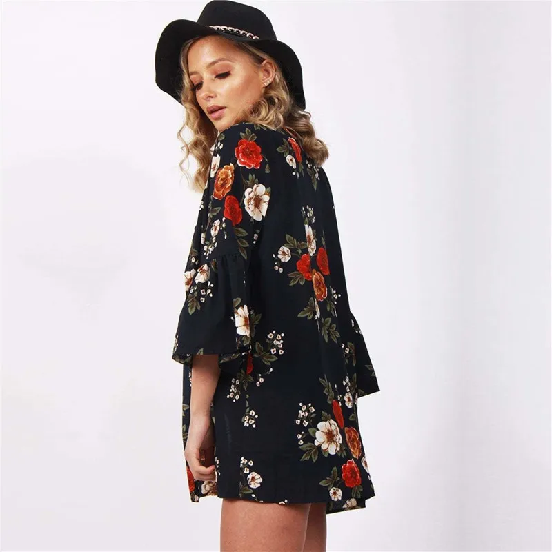 Женская осенне летняя блузка с винтажным цветочным принтом кимоно Boho кардиган