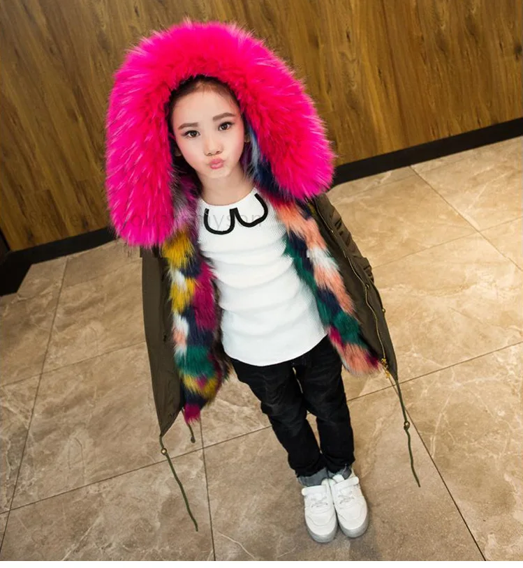 Детская модная цветная верхняя одежда с большим меховым воротником детская