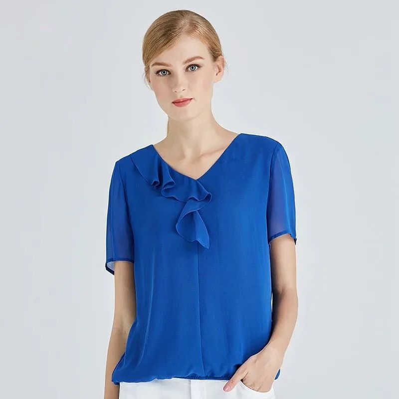 

2022 Summer Fashion Women Sexy VNeck Short Sleeve Shirts Solid Casual OL Chiffon Blouse And Shirts Candy Color Slim