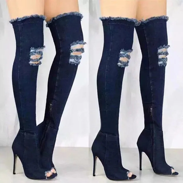 Dark Blue Зимние Сапоги выше колена с открытым носком и вырезами; джинсовые сапоги на высоком каблуке; Новинка года; пикантные длинные джинсовые сапоги; Новейшая женская обувь - Цвет: Dark Blue