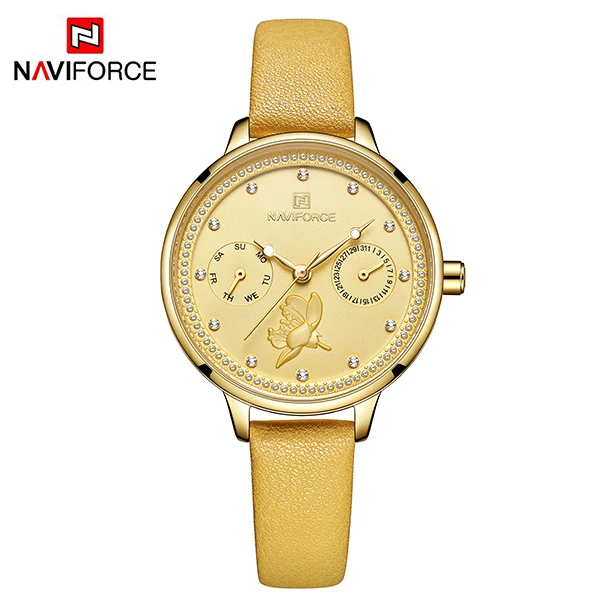 yellow Naviforce Для женщин часы модные кожаные кварцевые, на ремешке часы Дата Неделя Повседневное наручные часы, подарок для девушки женские часы - Цвет: yellow