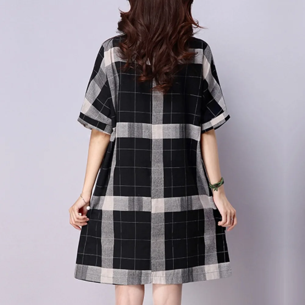 Женское Повседневное платье в клетку свободное офисное с круглым вырезом Q174 лето