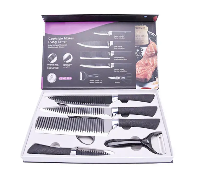 

6 pcs/set Stainless Steel Kitchen Knife Set Wave Sharpener Cutting Chef Knife For Fruit Vegetable Meat Cooking Knives Scissors