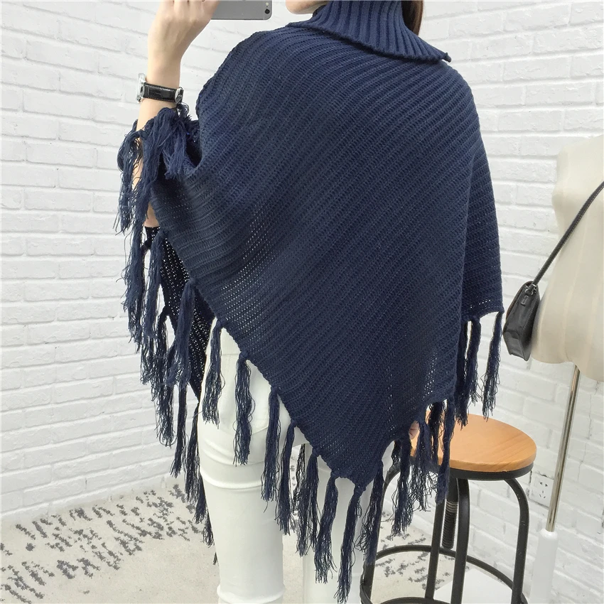 Модное Длинное пончо в клетку из пашмины шарф с высоким воротом полосатый свитер