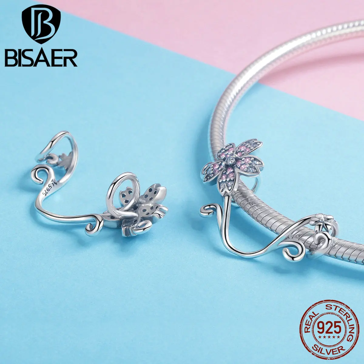 BISAER подлинный 925 пробы Серебряный Розовый CZ Цветок сакуры Подвески в виде ветки подходит для муранского бисера браслет для женщин Подарки GXC1033