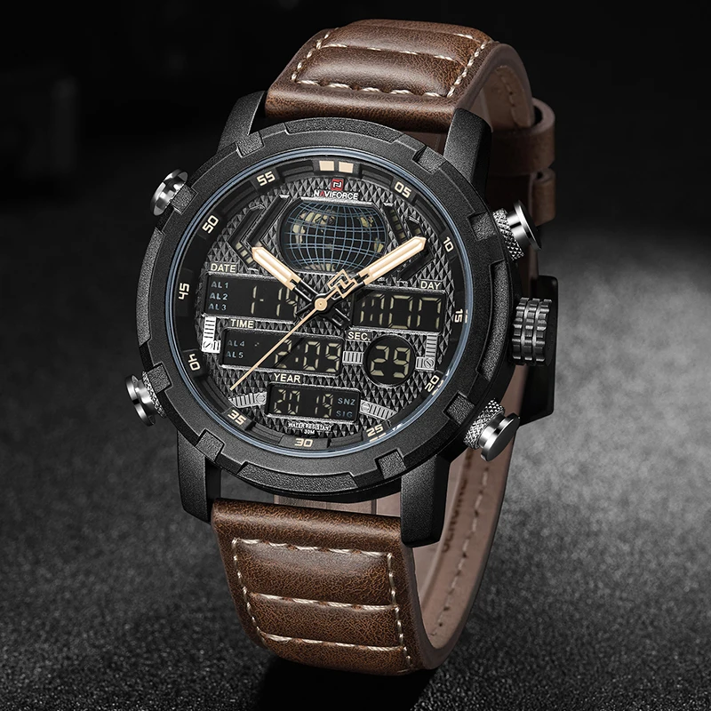 Люксовый бренд NAVIFORCE Мужские часы кожаные спортивные мужские кварцевые цифровые