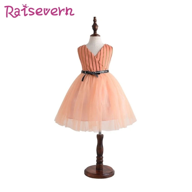 RAISEVERN Chocolate Color Gauze Girls Dress Princess V-Neck Ball Gown Sleeveless Stripe Top Bow for Party Birthday | Детская одежда и