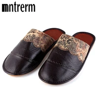 mntrerm new genuine leather men slippers spring home slippers high quality men shoes home floor shoe for summer black and brown