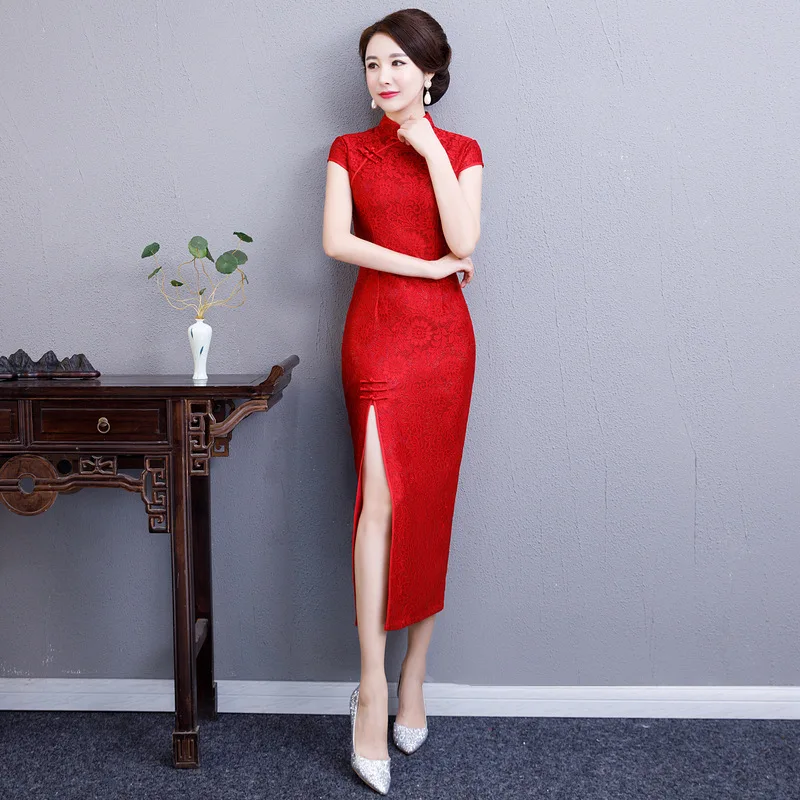 2019 пикантные Длинные Cheongsam в традиционном китайском стиле платье с короткими