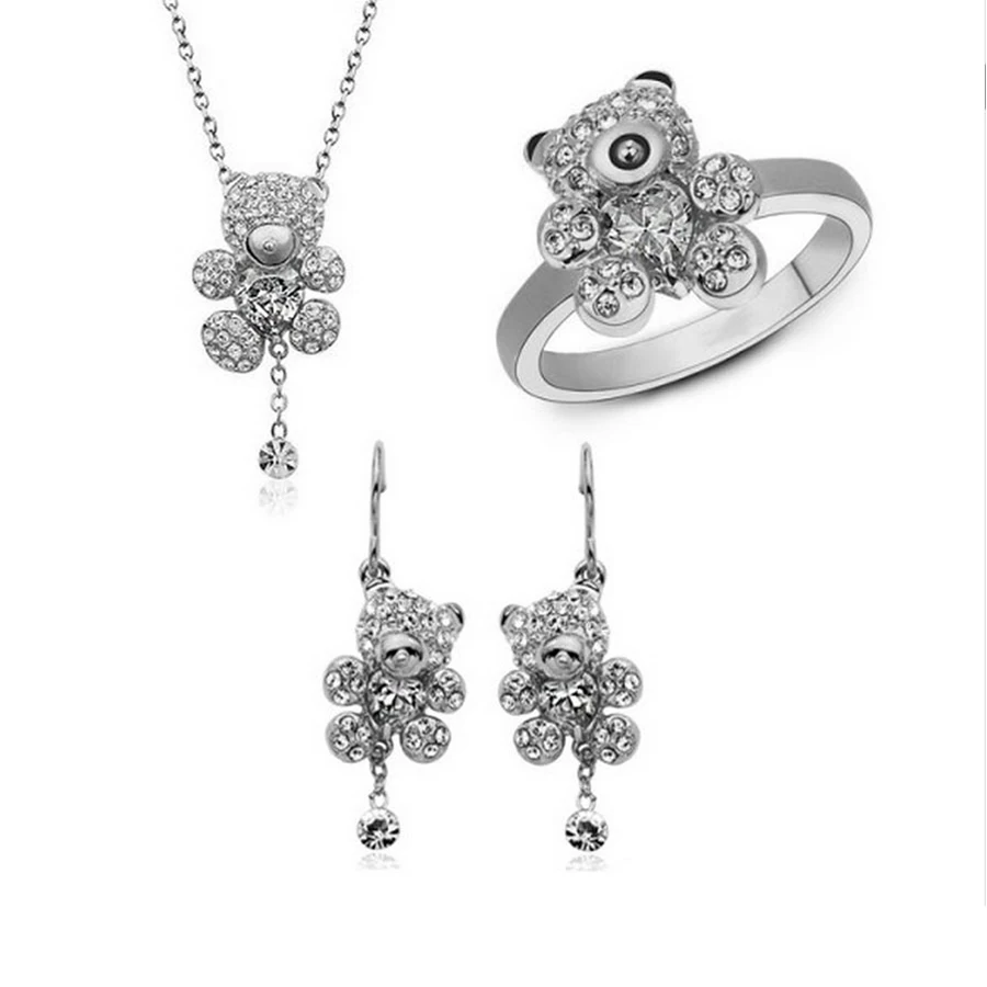 Золотые милые Кристальный Медвежонок Ювелирные наборы серьги ожерелье кольца