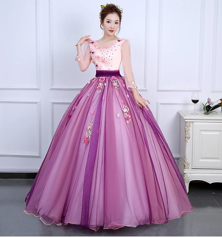 Vestido 15 quinceanera Дешевые Длинные рукава Бальные платья фиолетовые Бальные платья с открытой спиной с цветами из бисера милые 16 платья