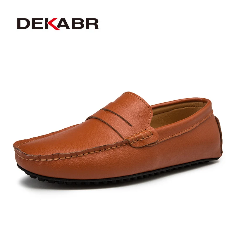 01 Brown Мужские мокасины на плоской подошве DEKABR, черные модные топ-сайдеры из натуральной кожи, брендовая повседневная кожаная обувь, большие размеры 38-49, лето-осень - Цвет: 01 Brown