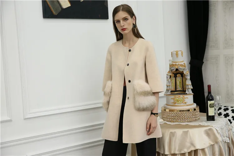 OFTBUY, шерстяная смесь,, зимняя куртка для женщин, натуральный мех, пальто для девушек, двусторонняя шерсть, кашемир, натуральный Лисий мех, с карманами, шерстяное пальто