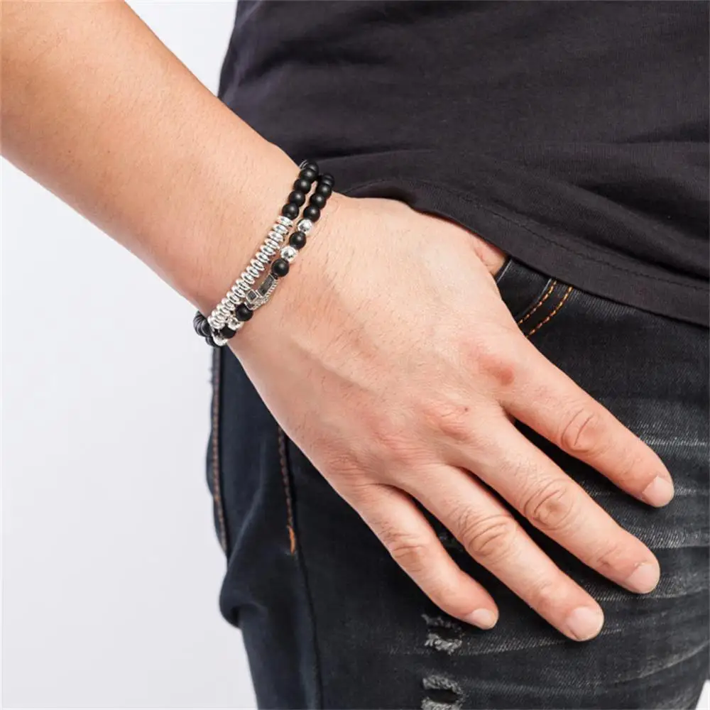 

Black Zirconia Bracelet Cross Black Matte Stone Bead Bracelet 2pcs Cuff Wrist Chain Set Men And Women Jewelry Accessories