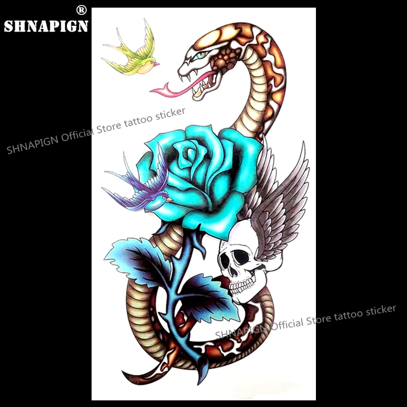 SHNAPIGN синяя Роза змея временная татуировка боди арт флэш стикер татуировки s 17*10 см