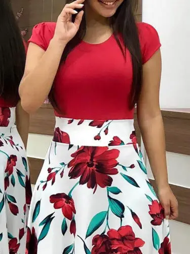Fashion Women Short Sleeve Patchwork Floral Printed Round Neck Summer Boho Slim Casual Ladies Long Maxi Dress Sundress | Женская одежда