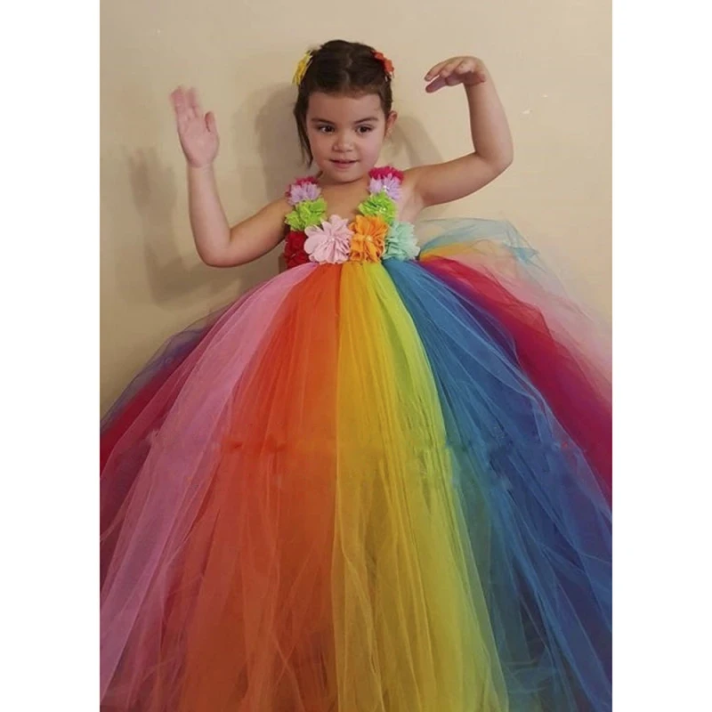 Качество ручной работы Радужное платье-пачка принцессы с цветочным рисунком для