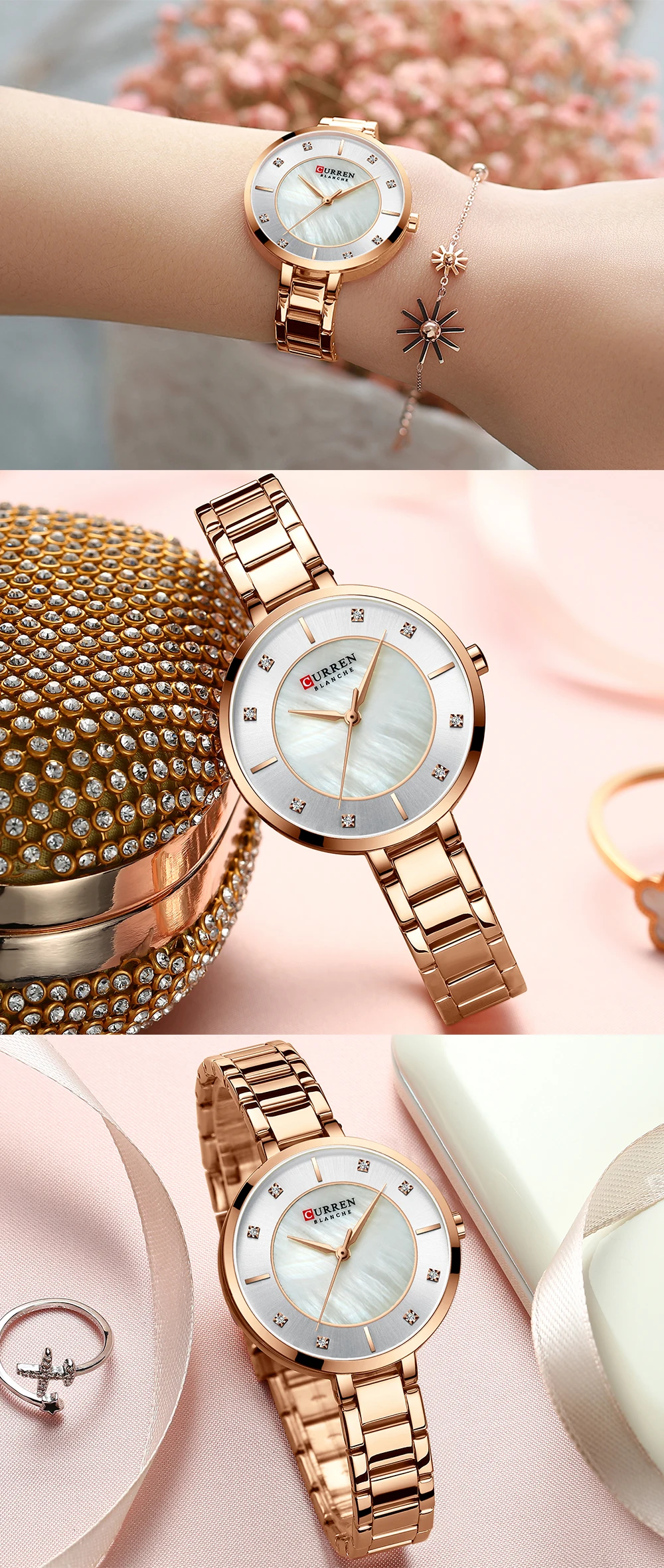 CURREN часы Для женщин роскошный Кристалл Rhinestone Кварцевые часы для дам романтический подарок Водонепроницаемый часы женский Нержавеющая сталь