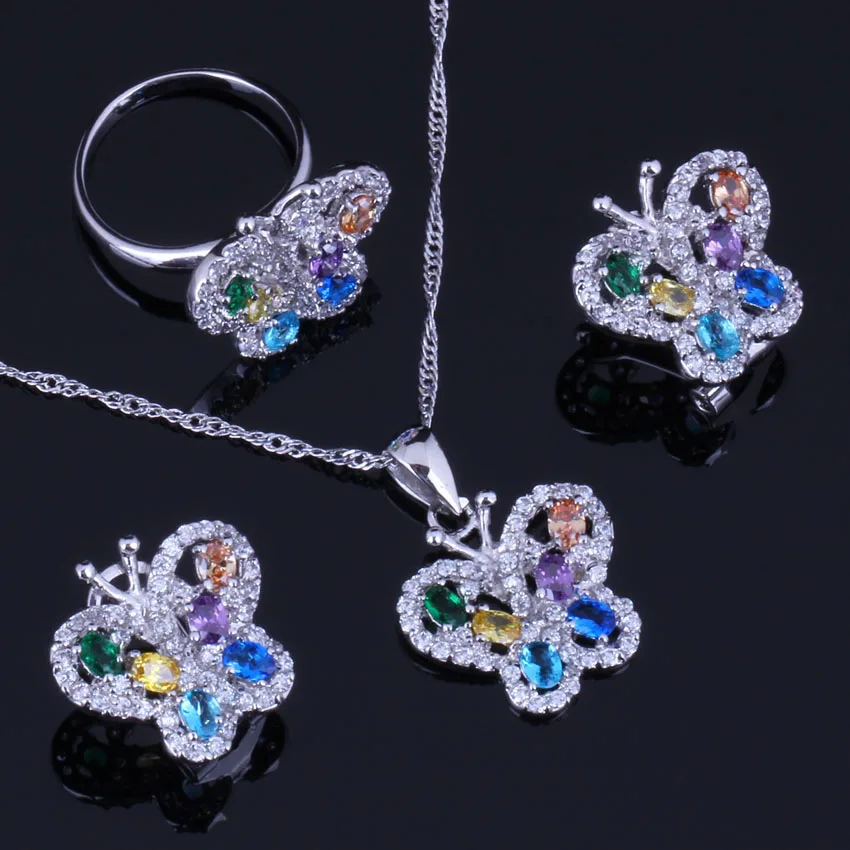 

Butterfly Multigem Multicolor Cubic Zirconia Silver Plated Jewelry Sets Earrings Pendant Chain Ring V0999