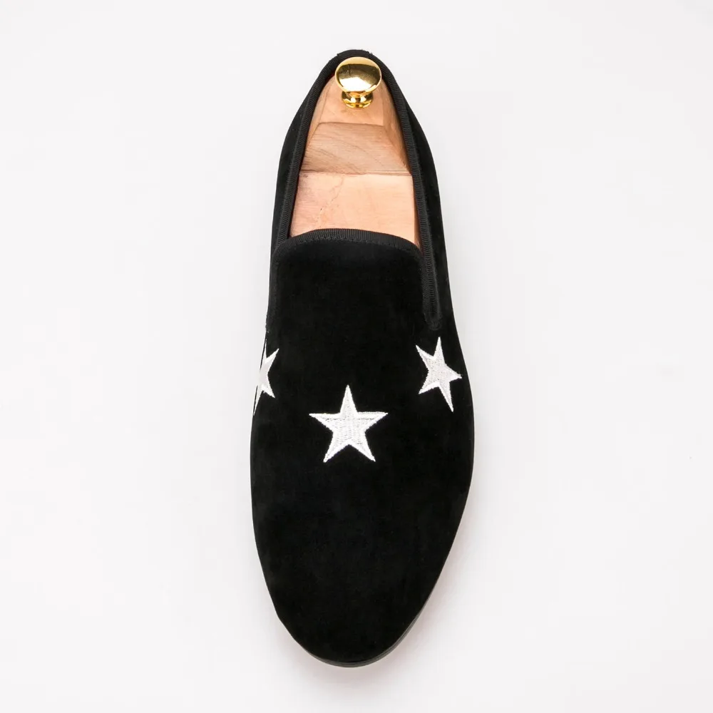 Мужские черные бархатные Тапочки ручной работы лоферы со звездами свадебная