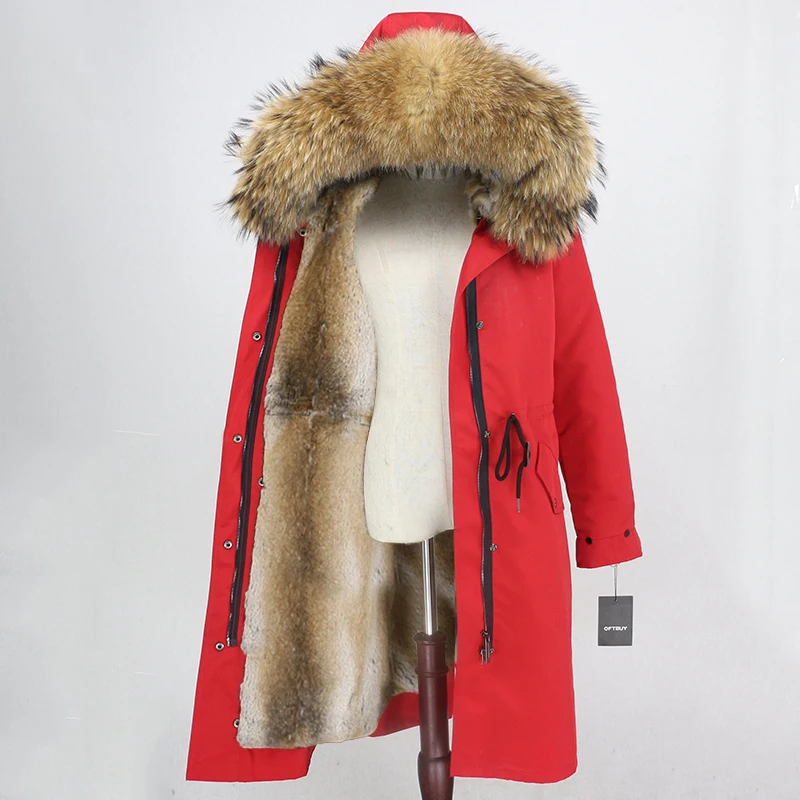 red natural OFTBUY водонепроницаемая верхняя одежда X-long Parka зимняя куртка женская шуба из натурального меха енота капюшон Подкладка из натурального кроличьего меха - Цвет: red natural