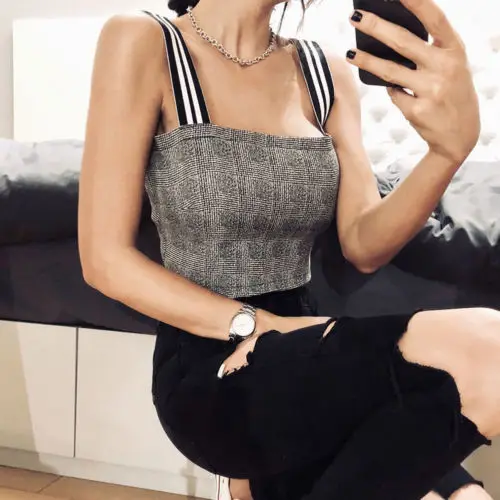 Сексуальный летний женский клетчатый эластичный укороченный топ в полоску без