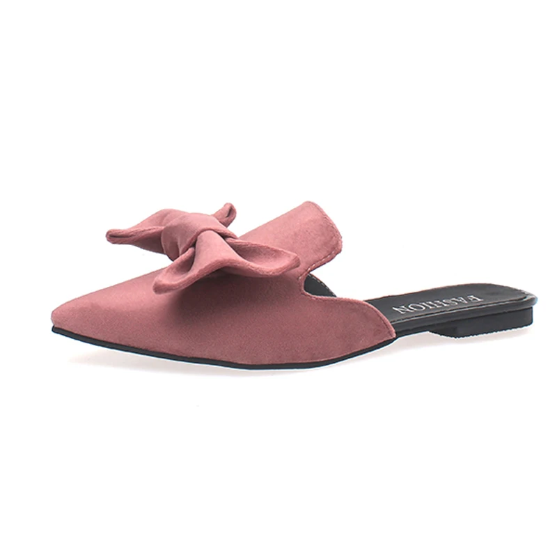 Женские сандалии с бантом большие бархатные шлепанцы острым носком брендовые