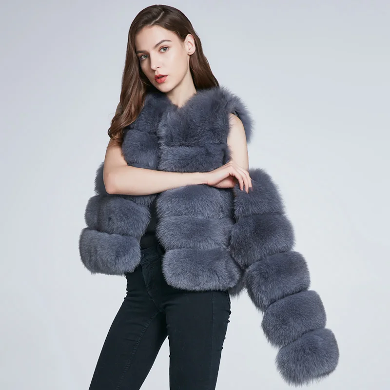 

JKP Winter Real Fox Fur Vest Furry Fashion Warmth Round Neck Detachable Sleeves Natural Fur Short Coat 5HC-50C