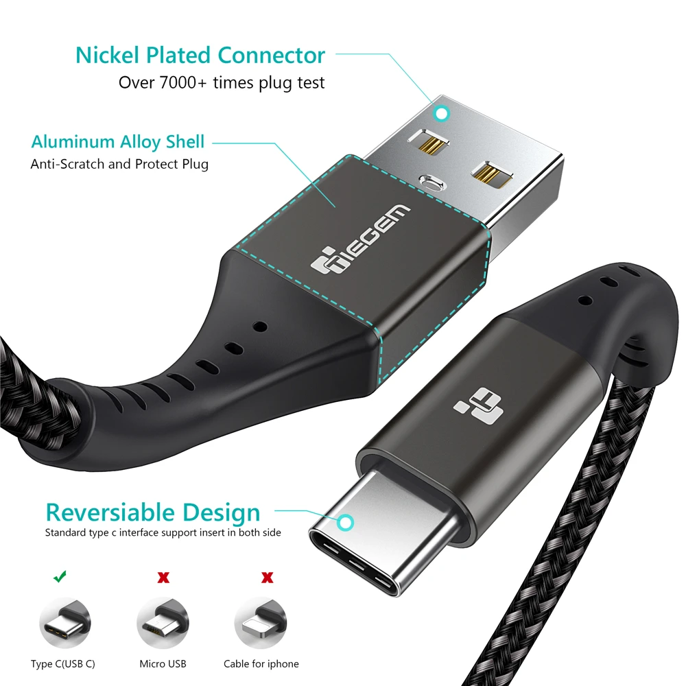 TIEGEM usb type-C кабель UBS-C 2A быстрое зарядное устройство type-C кабель синхронизации данных для samsung Note 8/S8 Nexus 6P 5X nintendo Switch LG