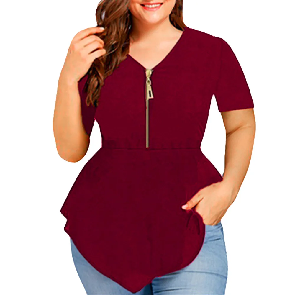 wine Летние топы размера плюс 5XL для женщин, топы и блузки, элегантные однотонные рубашки на молнии, туника, Женский Топ, женская одежда - Color: wine