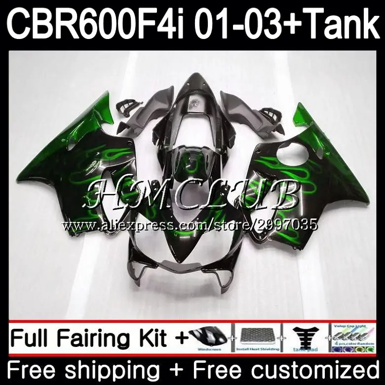 + Бак для HONDA CBR 600 F4i CBR600FS CBR600F4i зеленое пламя 2001 2002 2003 77HC.15 600F4i FS CBR600 01 02 03