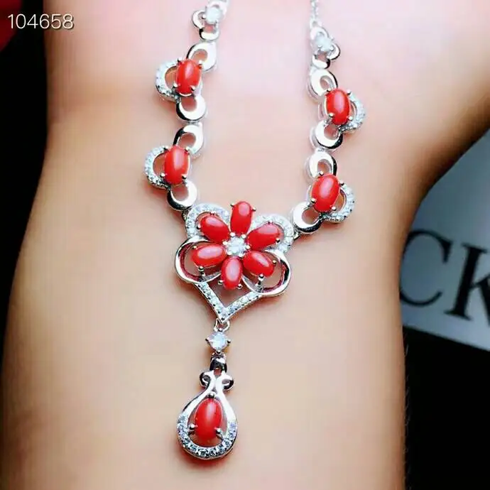 Цепочка с подвеской [MeiBaPJ] из серебра 925 пробы натуральным драгоценным коралловым