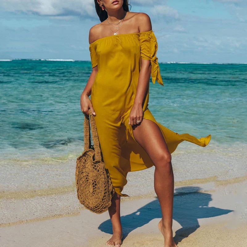 Летнее сексуальное богемное пляжное платье с открытыми плечами женское длинное