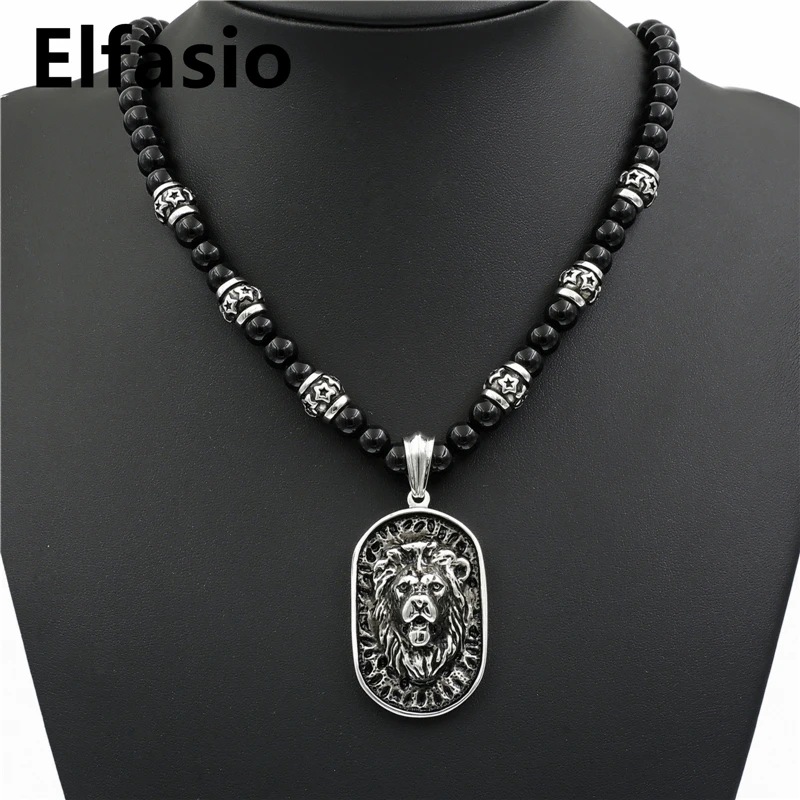 8 мм черный оникс бусины Мужские Серебряный лев Щит Кулон ожерелье из нержавеющей