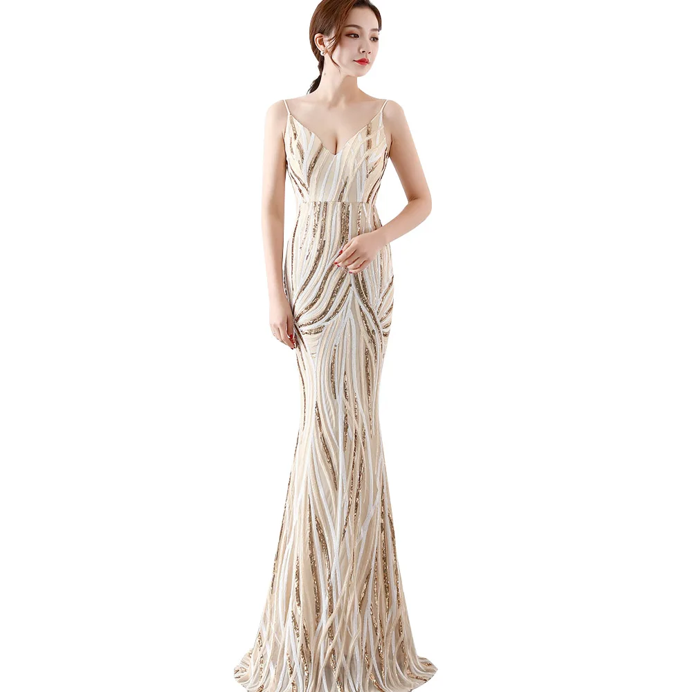 Роскошное Сексуальное Вечернее Платье макси с v-образным вырезом и блестками