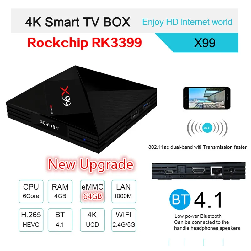 HAAYOT X99 RK3399 шестиядерный Android 7 1 ТВ бокс 4G 64G Rom 2 4 + 5G двойной Wifi 1000M LAN Bluetooth USB3.0 Type c 4K