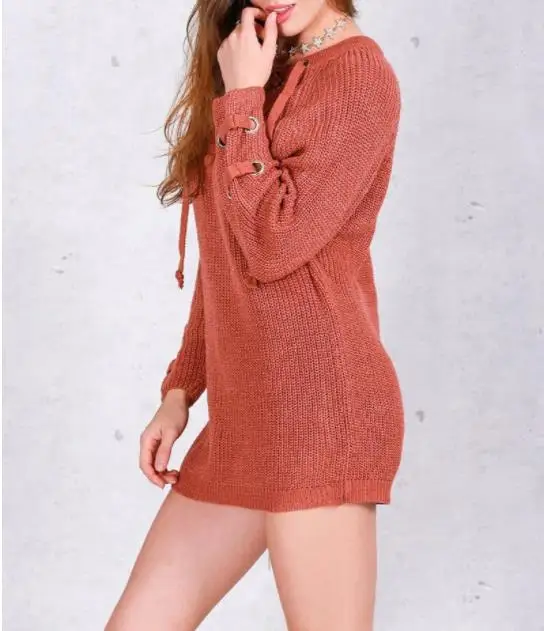 Autumn Winter Long Sleeve Knitted Women Sweater Lace Up V Neck Pullover Jumpers Casual Loose Knitwear New |