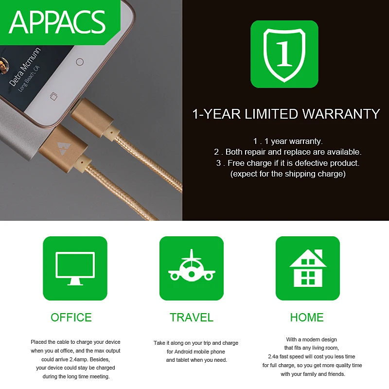 APPACS Micro USB кабель для быстрой зарядки мобильного телефона Andriod адаптер 5V2A 1 м 2 3