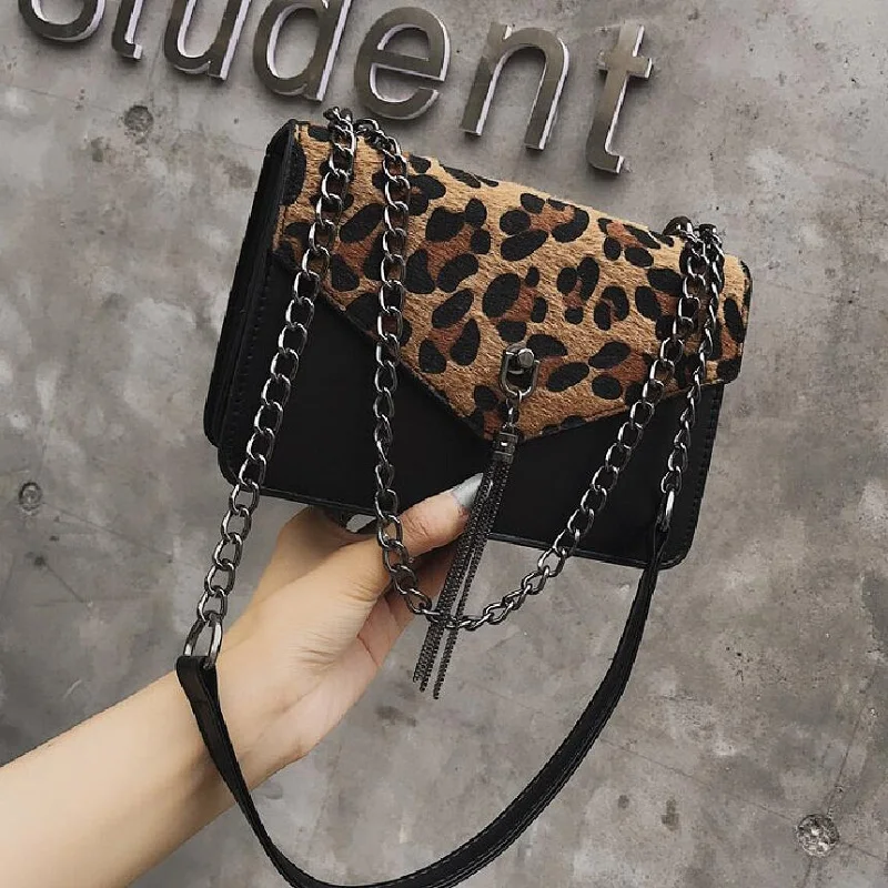 

Women bags Classic leopard designer Ladies brand Tassel messenger bags quality leather luxury women's shoulder Chains bag 2019