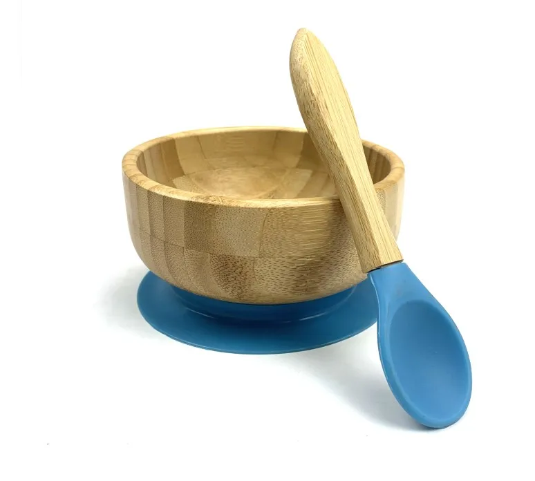 Blue Bowl and Spoon Миска на присоске из бамбука и силикона, детская Тарелка на присоске, Бамбуковая посуда для кормления детей, миска для кормления ребенка - Цвет: Blue Bowl and Spoon