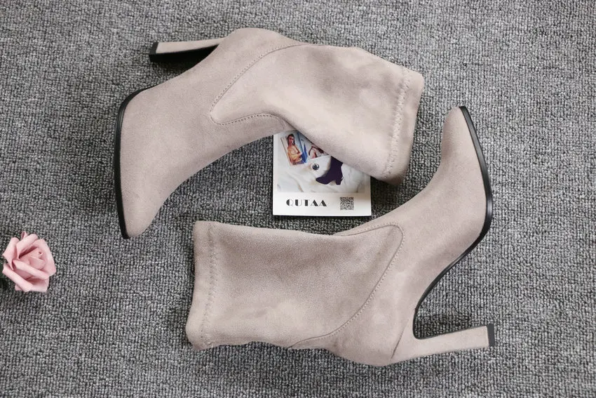 QUTAA New Winter Stretch Ankle Boots Sexy Hoof High Heels Women Shoes Platform Pointed Toe Slip on Short Boots Size 34-43