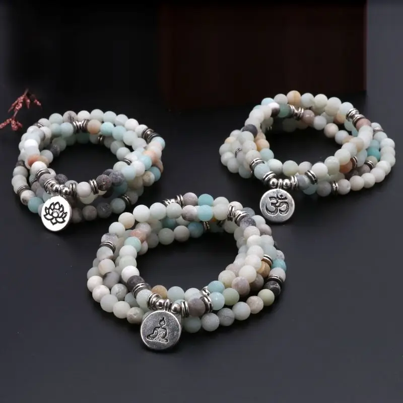 

Mala Amazonite 108 Beads Necklace for Yoga Buddhist Rosary Prayer Charm Bracelet