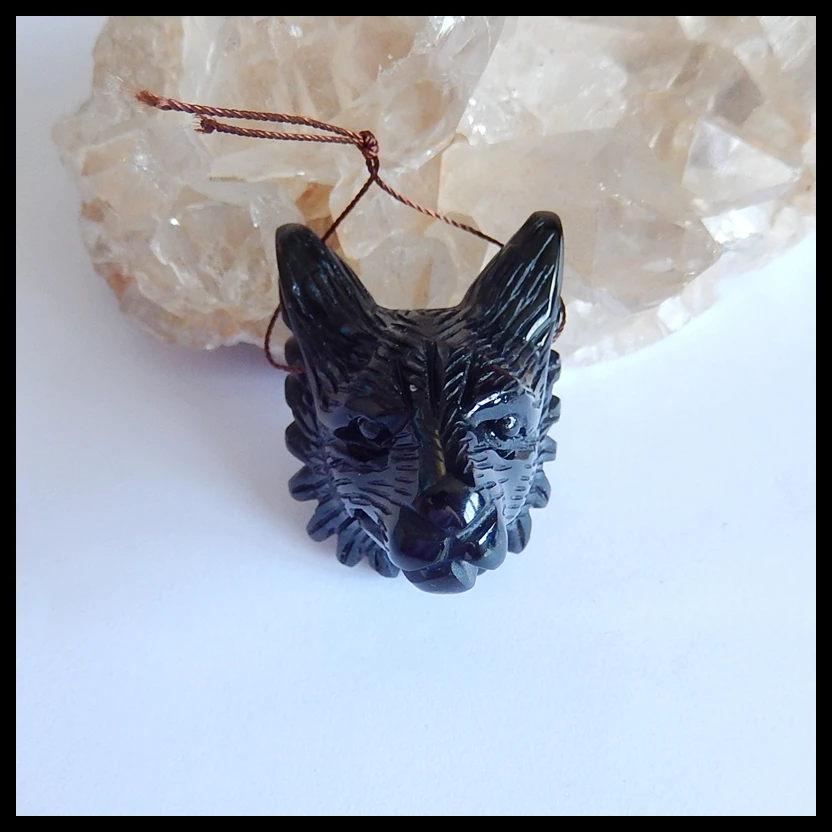 Резная подвеска в виде волчьей головы обсидиановый драгоценный камень