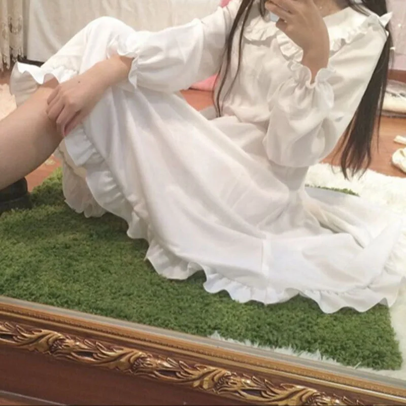 Hot Sale New Fashion Japanese Mori Girl Fresh Style Casual Falbala Sleeve Women Dress Pure White Loose Cotton Summer | Женская одежда