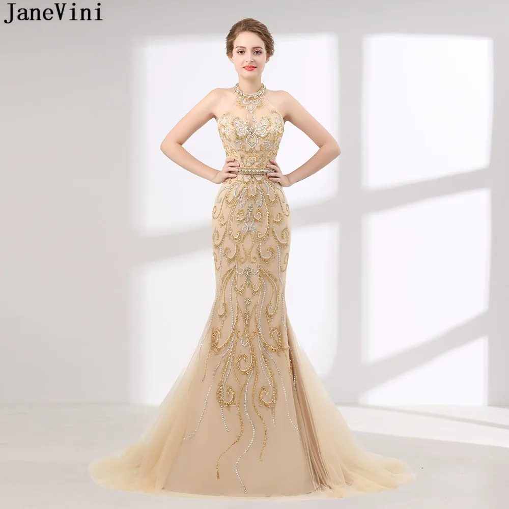 

JaneVini 2020 Champagne Dubai Mermaid Long Prom Dresses Luxury Beading Saudi Arabic Formal Women Dinner Gowns Robes De Soiree