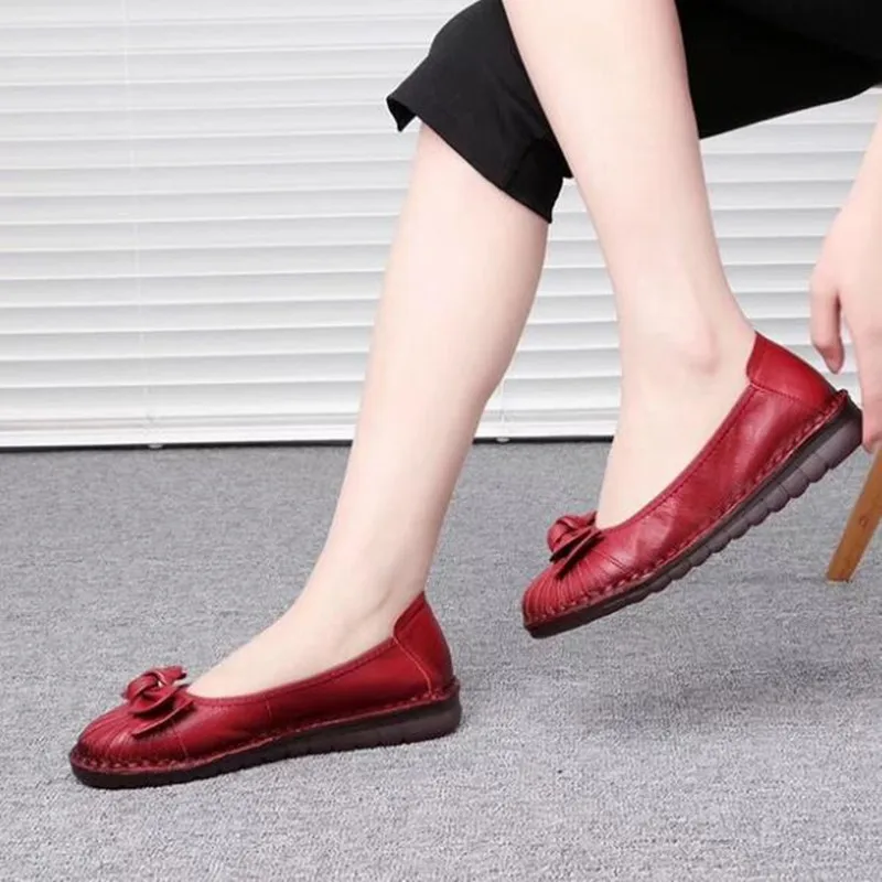 

2019 New Spring Autumn Women Flat Shoes Comfortable Soft Bottom Non-slip Women Fashion Shoes Elegant Bow Genuine Leather Shoes