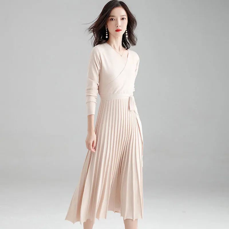 Drop Ship Women's Knitted Dress Sexy V-neck Knee-length Temperament Slim Pullover Sweater | Женская одежда