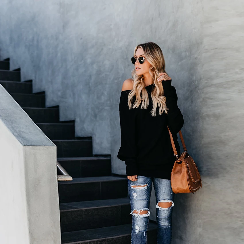 Новая мода 2018 осенний пуловер женский свитер высокий уличный длинный рукав Slash